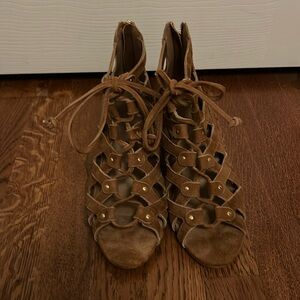 Tan suede lace up sandal
